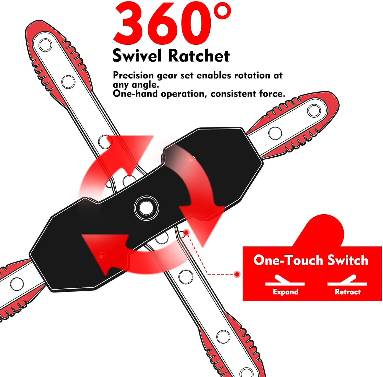 Brake Caliper Compression Tool, 360° Ratcheting Piston Compressor, 2 Steel Plates, 2 Hooks