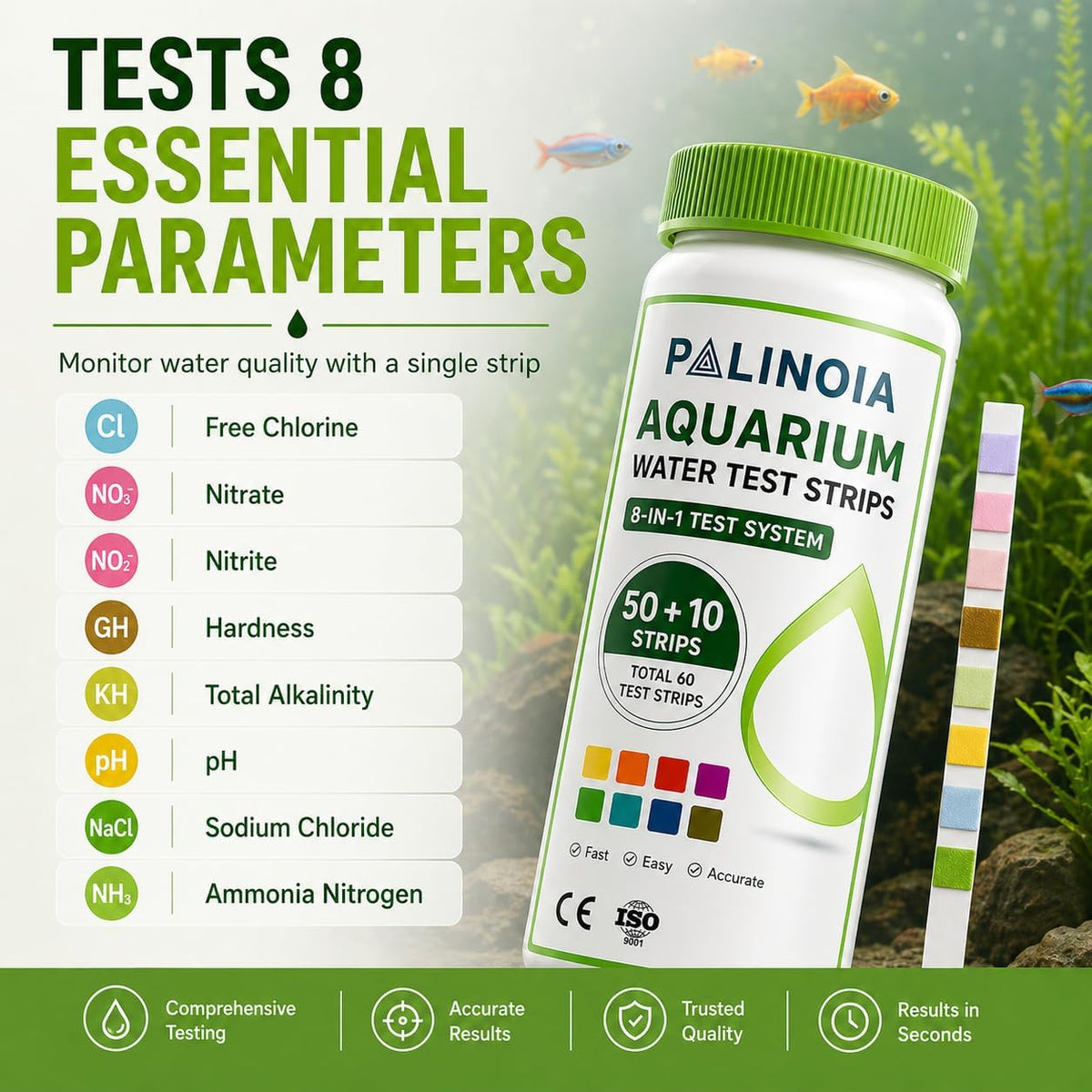 8-in-1 Aquarium Water Test Strips, 60 Count