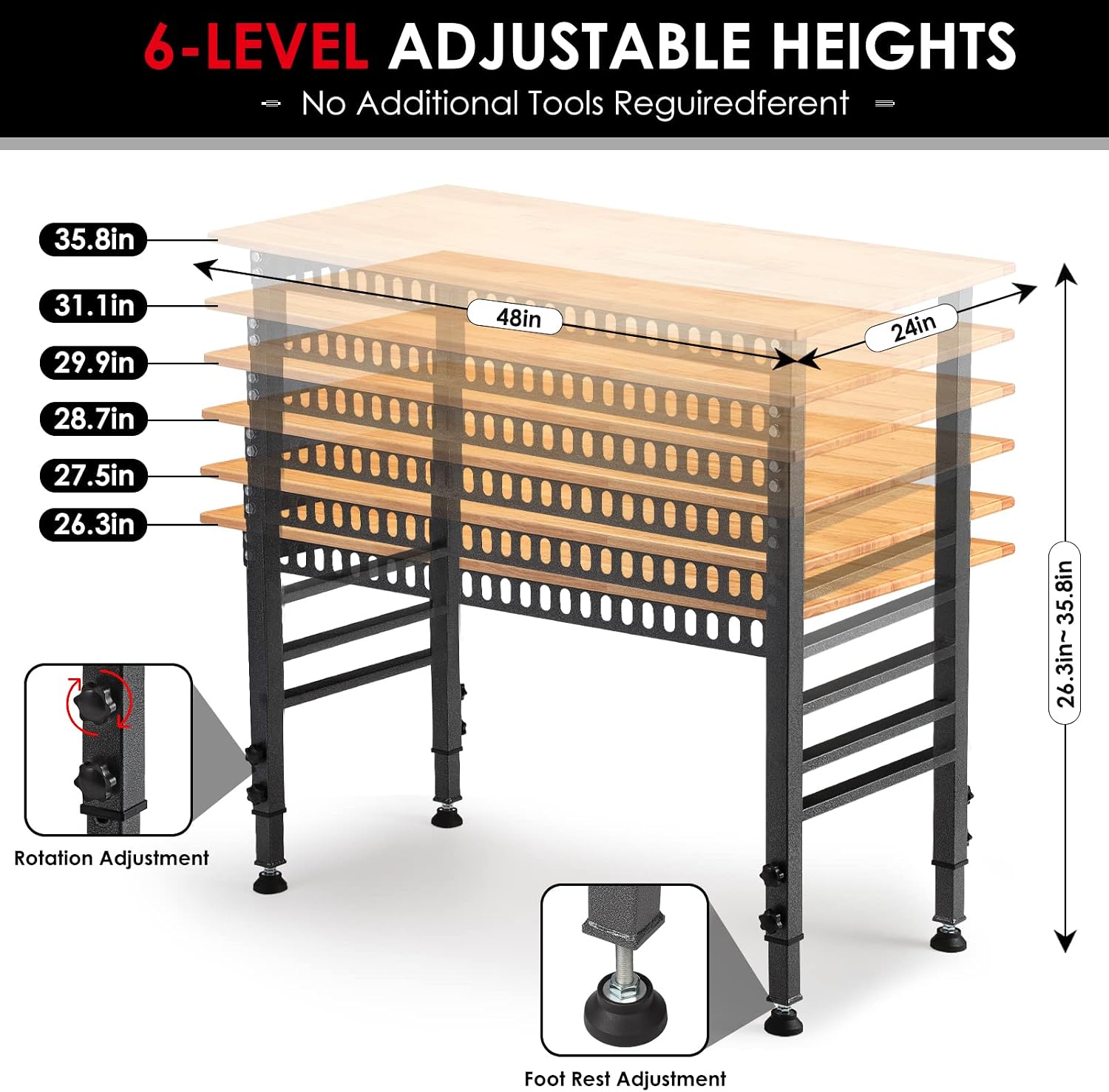 48" Adjustable Workbench with Power Outlet and Rubber Pad | Heavy Duty 2000 LBS Load Capacity Hardwood Workbench