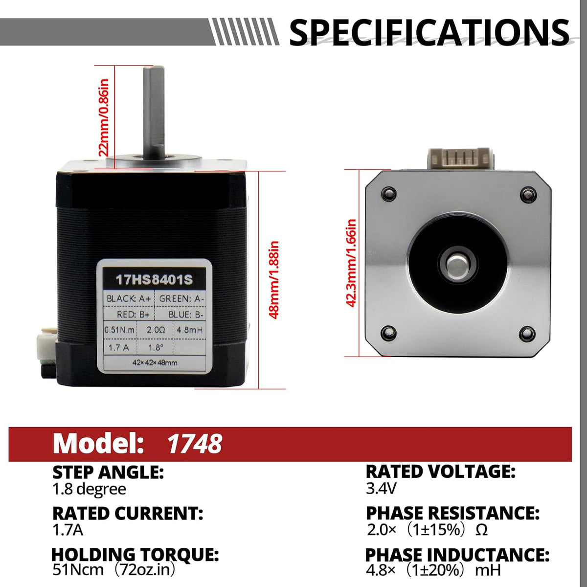 MAKERELE 3PC Nema 17 Stepper Motor Bipolar 1.7A, 48mm Body