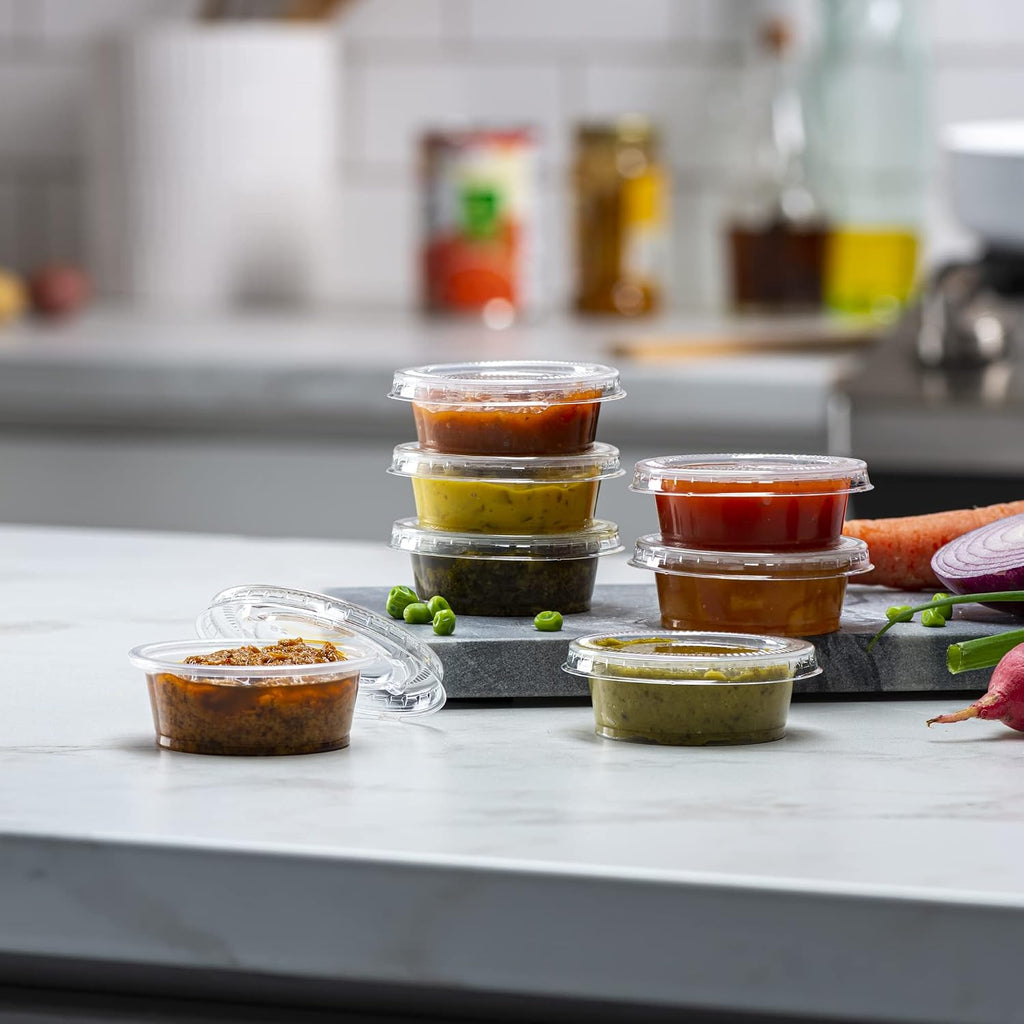1.5 oz - 100 Sets Clear Diposable Plastic Portion Cups With Lids, Small Mini Containers For Portion Controll, Jello