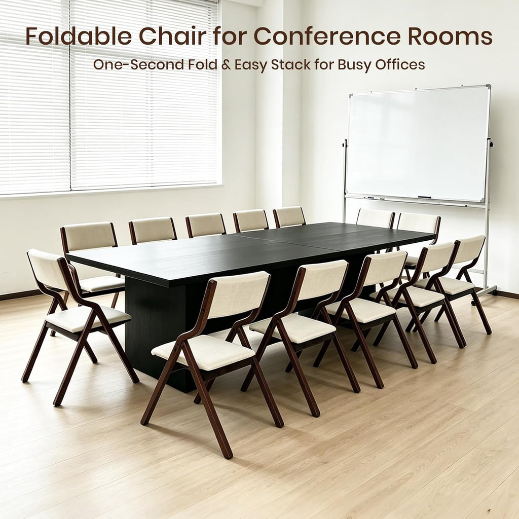 Stackable Foldable Chairs Set of 4, Fully Assembled Padded Fabric Upholstered Seat with Solid Wood Frame, for