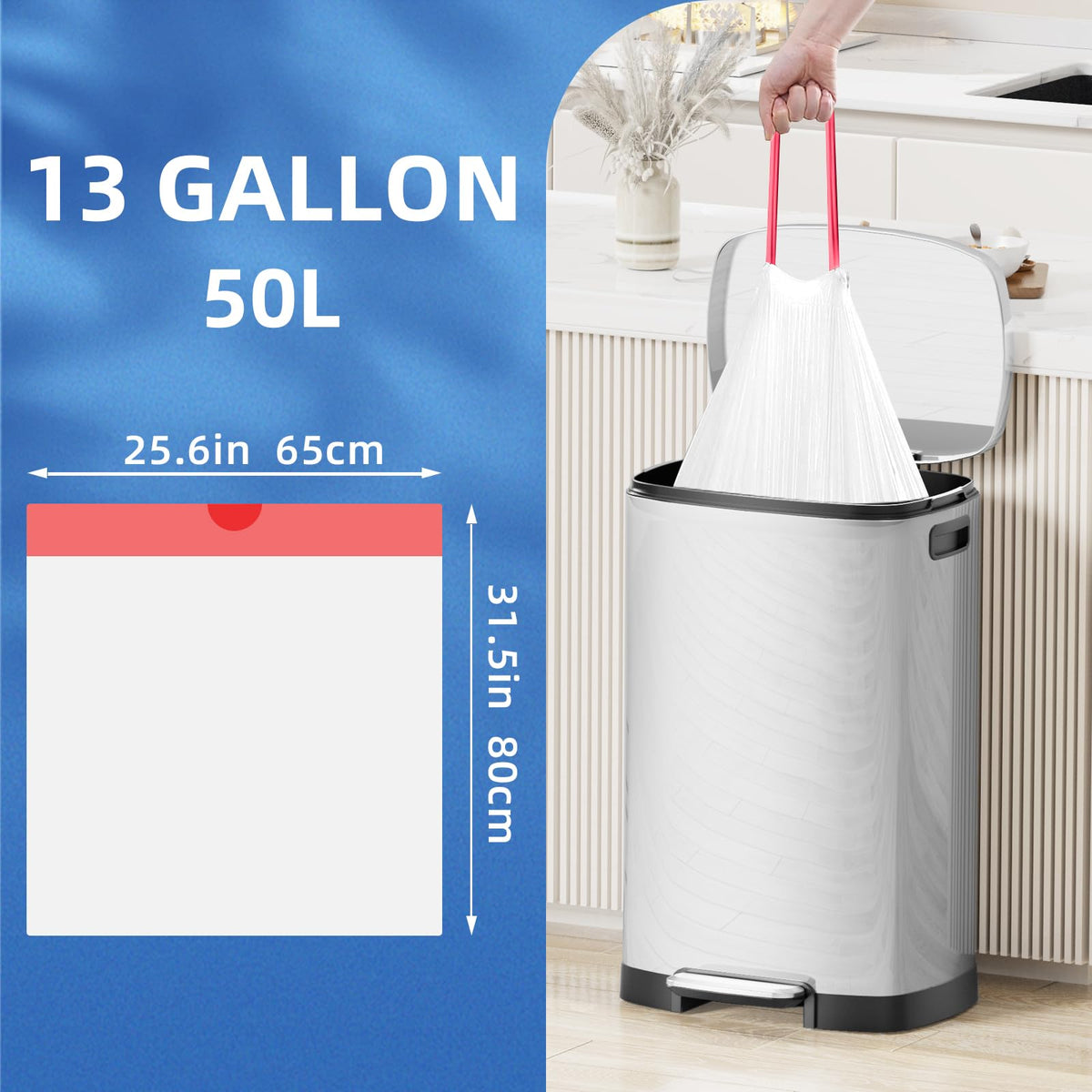 13.2 Gallon Tall Kitchen Drawstring Trash Bags, 120 Count Pre-separated Garbage Bags, Unscented, Leak Proof, Waste
