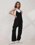Women's Causal Jumpsuits V Neck Sleeveless Harem Overalls Stretchy Adjustable Strap Romper with Pockets