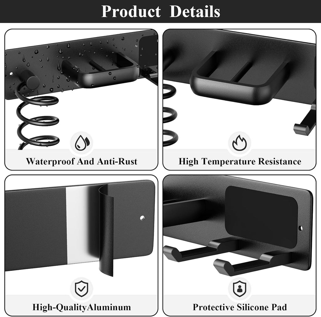 Hair Dryer Holder Wall Mount Aluminum Alloy Hot Tools Organizer | Heavy Duty, Matte Black