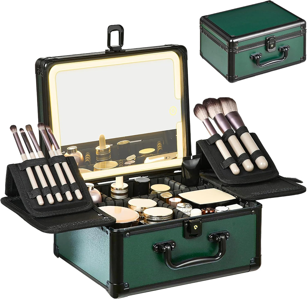 Makeup Case with Lighted Mirror, Makeup Box Organizer with Detachable LED Mirror, Travel Makeup Train Case