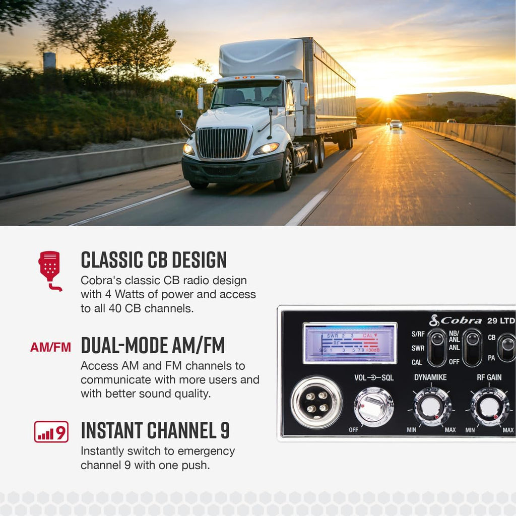 29 LTD Chrome AM/FM Professional CB Radio - Easy to Operate, Emergency Radio, Instant Channel 9, 4-Watt Output, Full