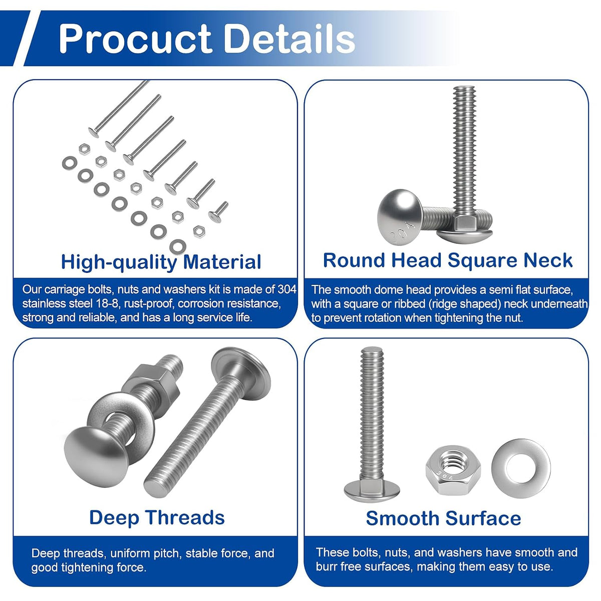 1/4-20 x 1-1/2" Carriage Bolt Kit 20 Sets, 304 Stainless Steel Coach Bolts