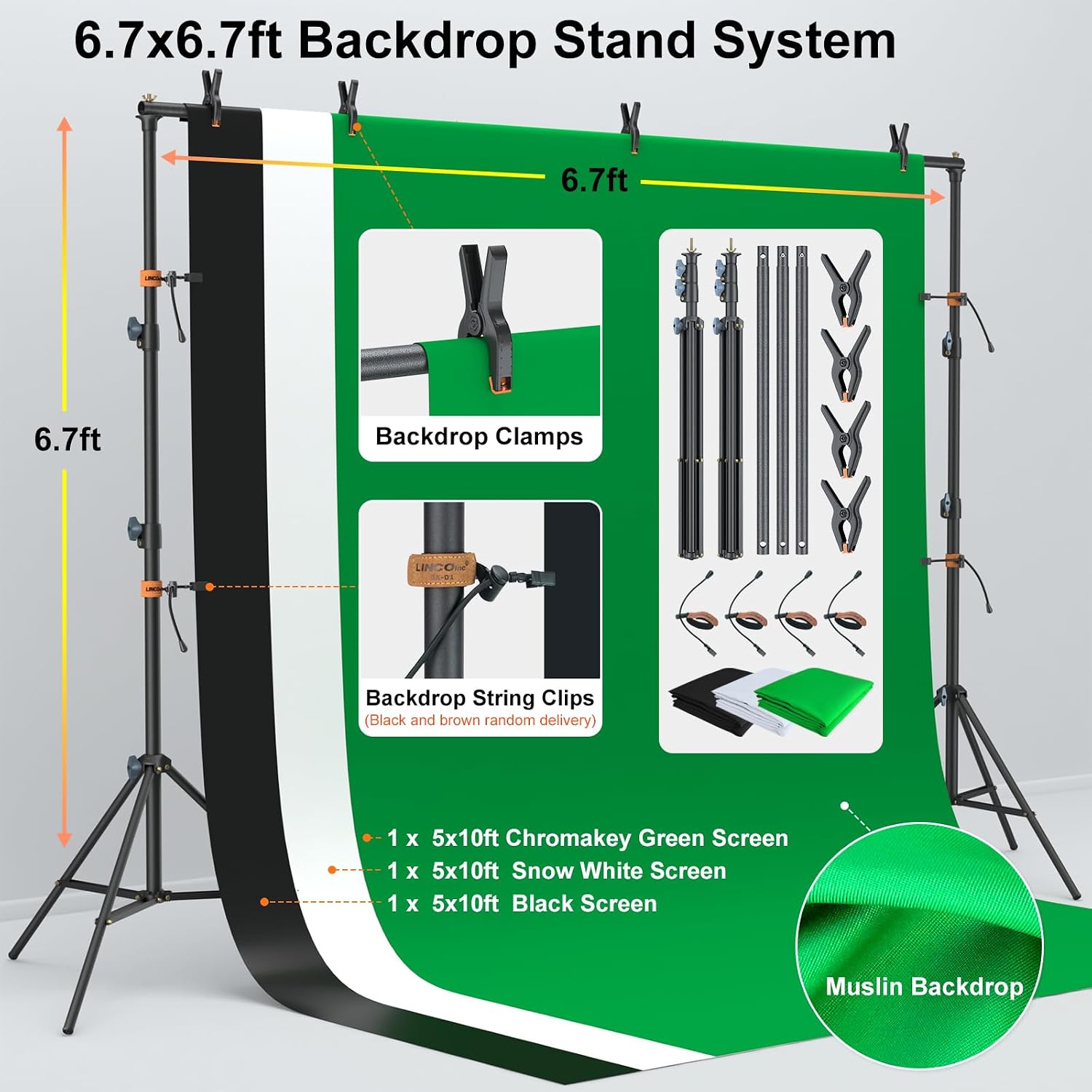 Lincostore Photo Video Studio Light Kit AM169 | Photography lighting kit, 3 muslin backdrop (black/white/green)