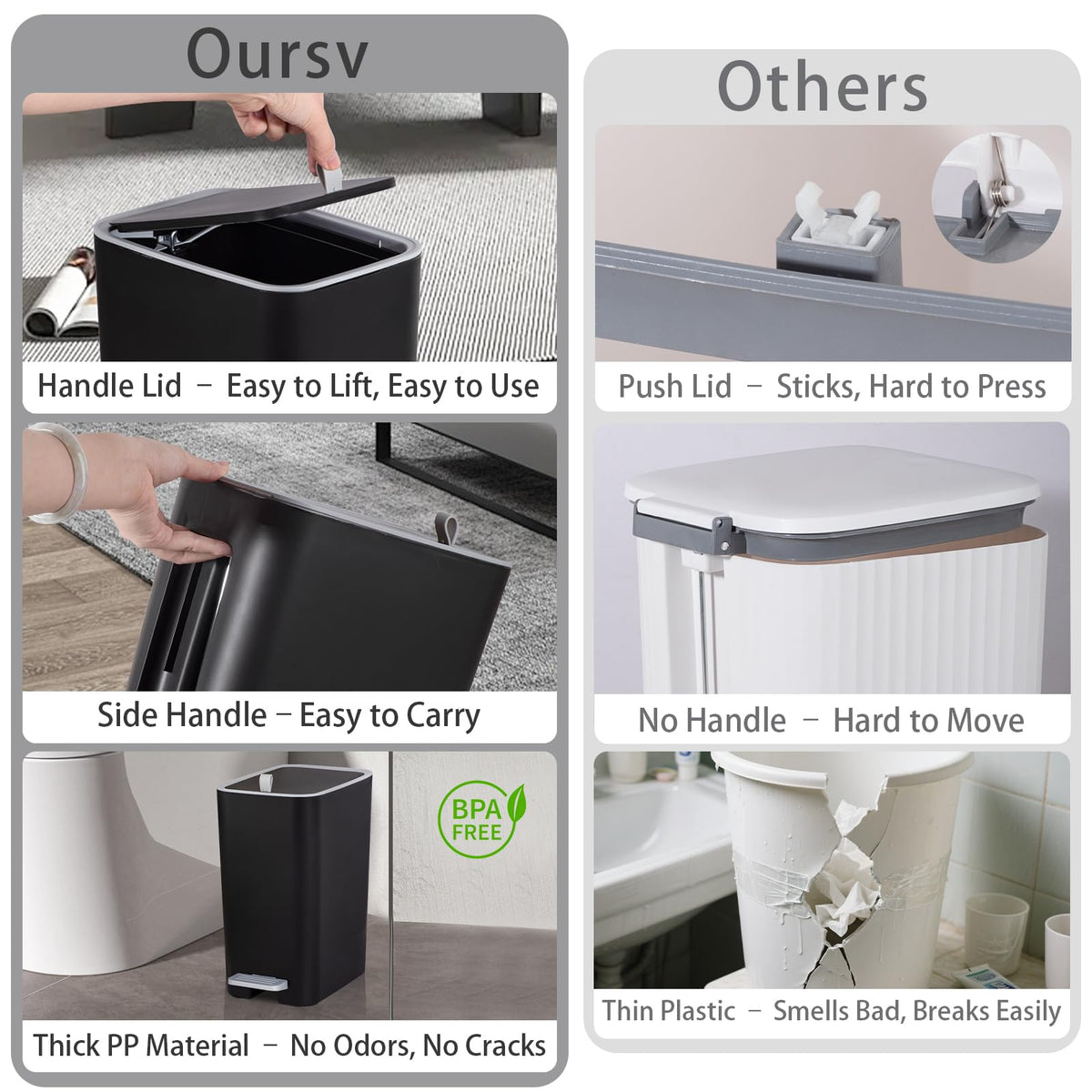 Small Bathroom Trash Can with Lid, 2.1 Gallon Slim Step Trash Can, Black