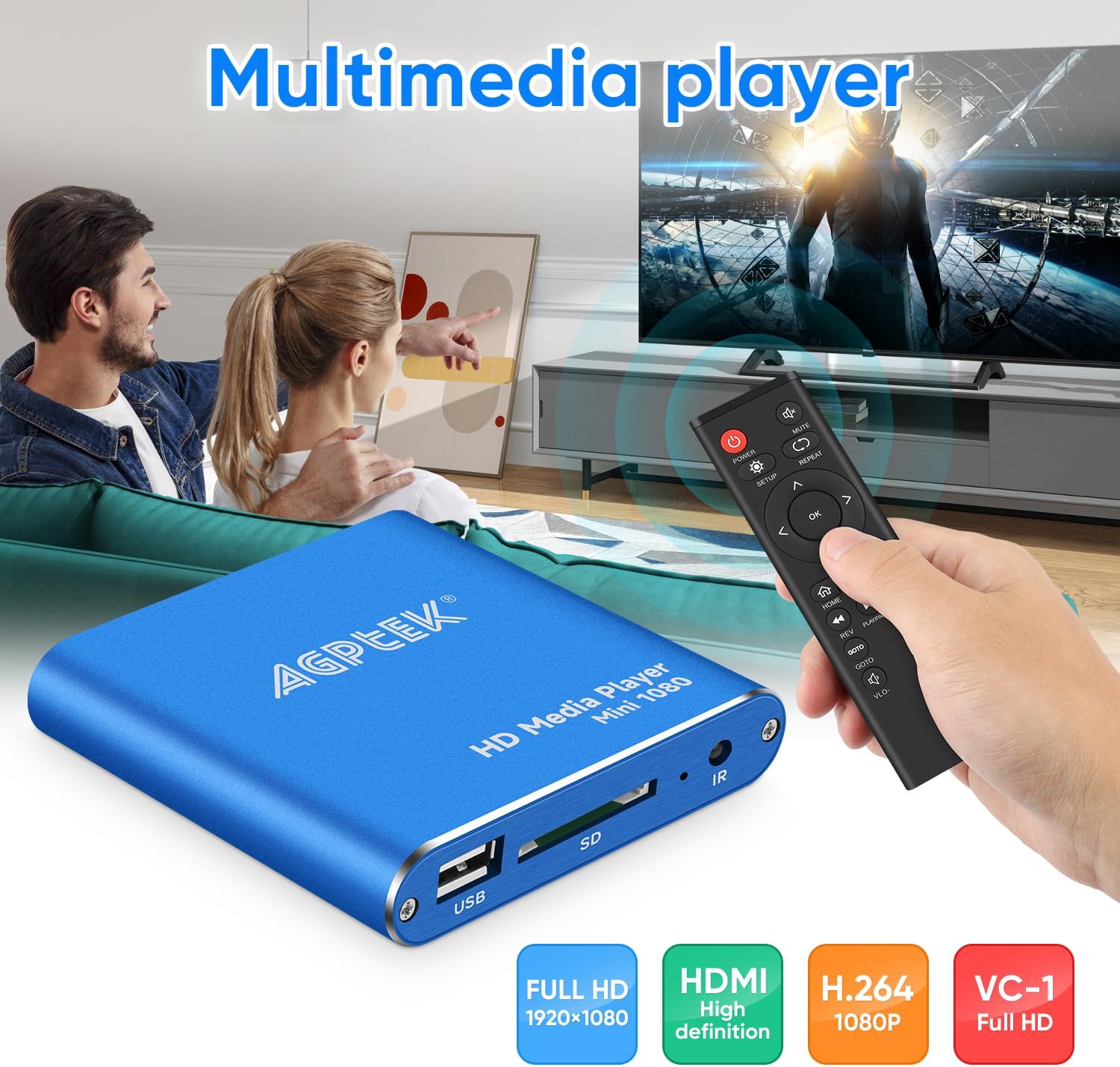 HDMI Media Player, Blue Mini 1080p Full-HD Ultra HDMI MP4 Player | for -MKV/RM/ MP4 / AVI etc- HDD USB Flash