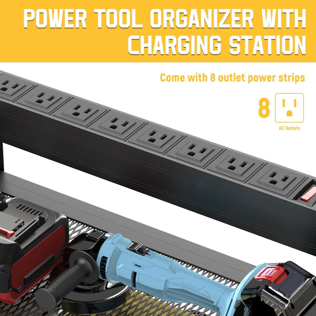 Drill Holder Wall Mount with 8-Outlet Charging Station, 190lbs Load 4 Layers Carbon Steel Heavy Duty Power Tool