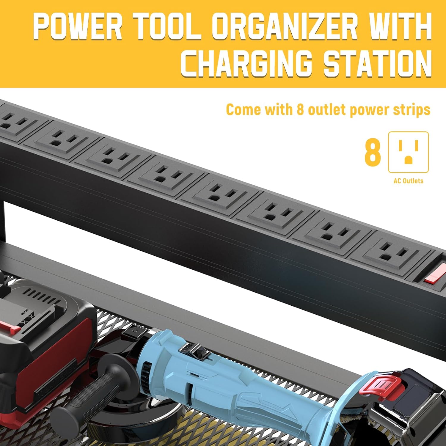Drill Holder Wall Mount with 8-Outlet Charging Station, 190lbs Load 4 Layers Carbon Steel Heavy Duty Power Tool
