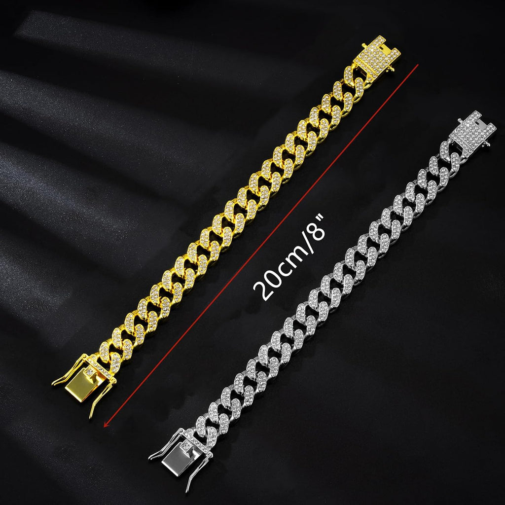 Cat Chain Collar, 2 Pcs Diamond Cuban Link Kitten Walking Collar with Secure Buckle Pet Rhinestones Necklace Metal