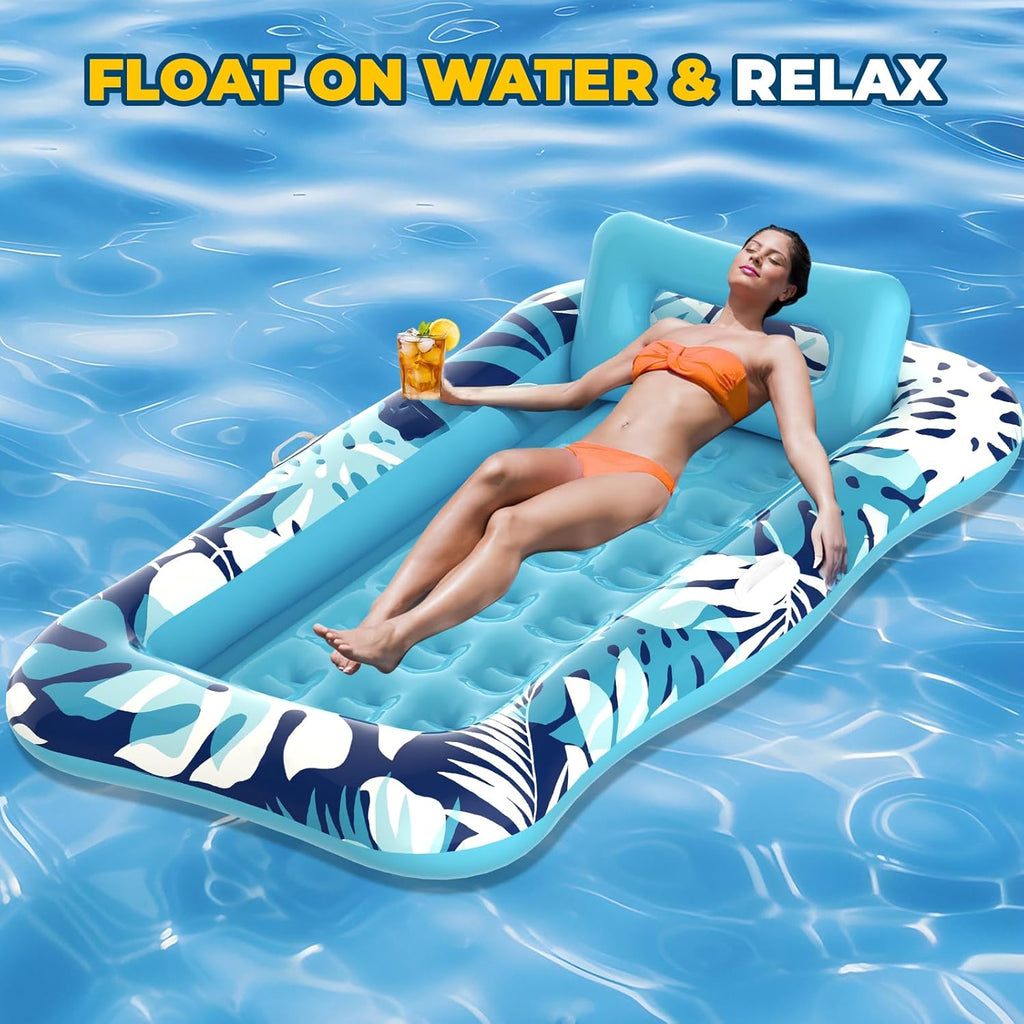 Pool Floats Adult,76"x48" XL Inflatable Tanning Pool Lounger Float with Pillow,4 in 1 Suntan Tub Sunbathing Raft