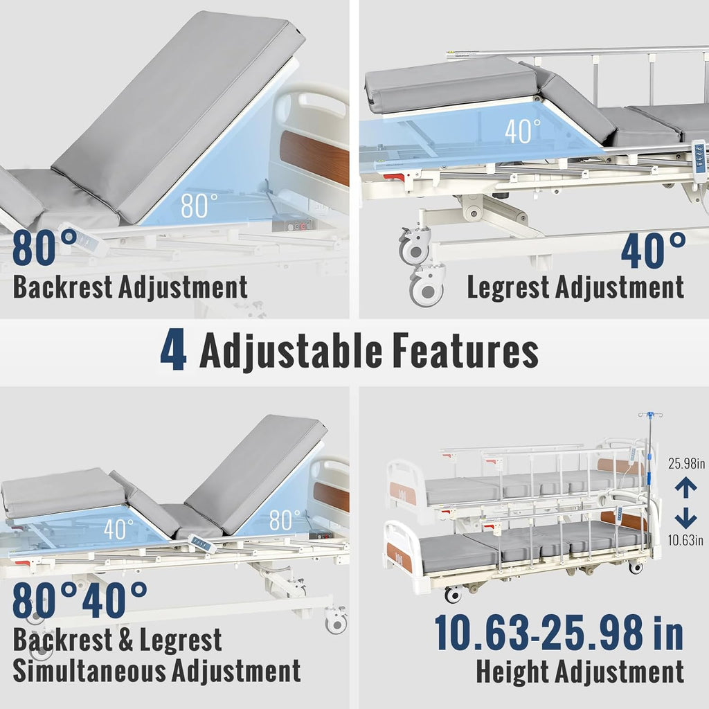 Electric Hospital Bed, 4 Function ICU Medical Bed with Waterproof Foam Mattress, Adjustable IV Pole, Dining Bord