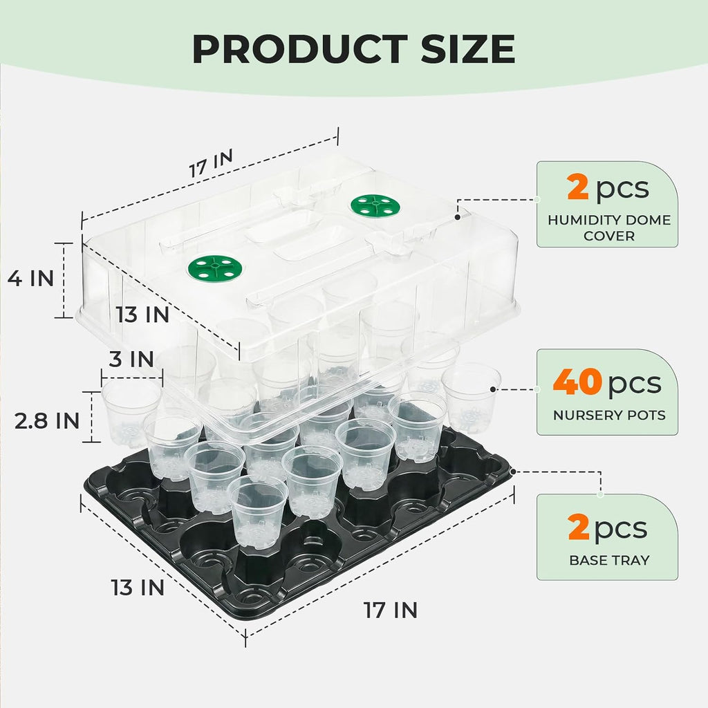 2 Pack 20 Cell Seed Starter Trays with Humidity Domes and 40 Pots | Includes 2 humidity domes and 40 clear 3 inch