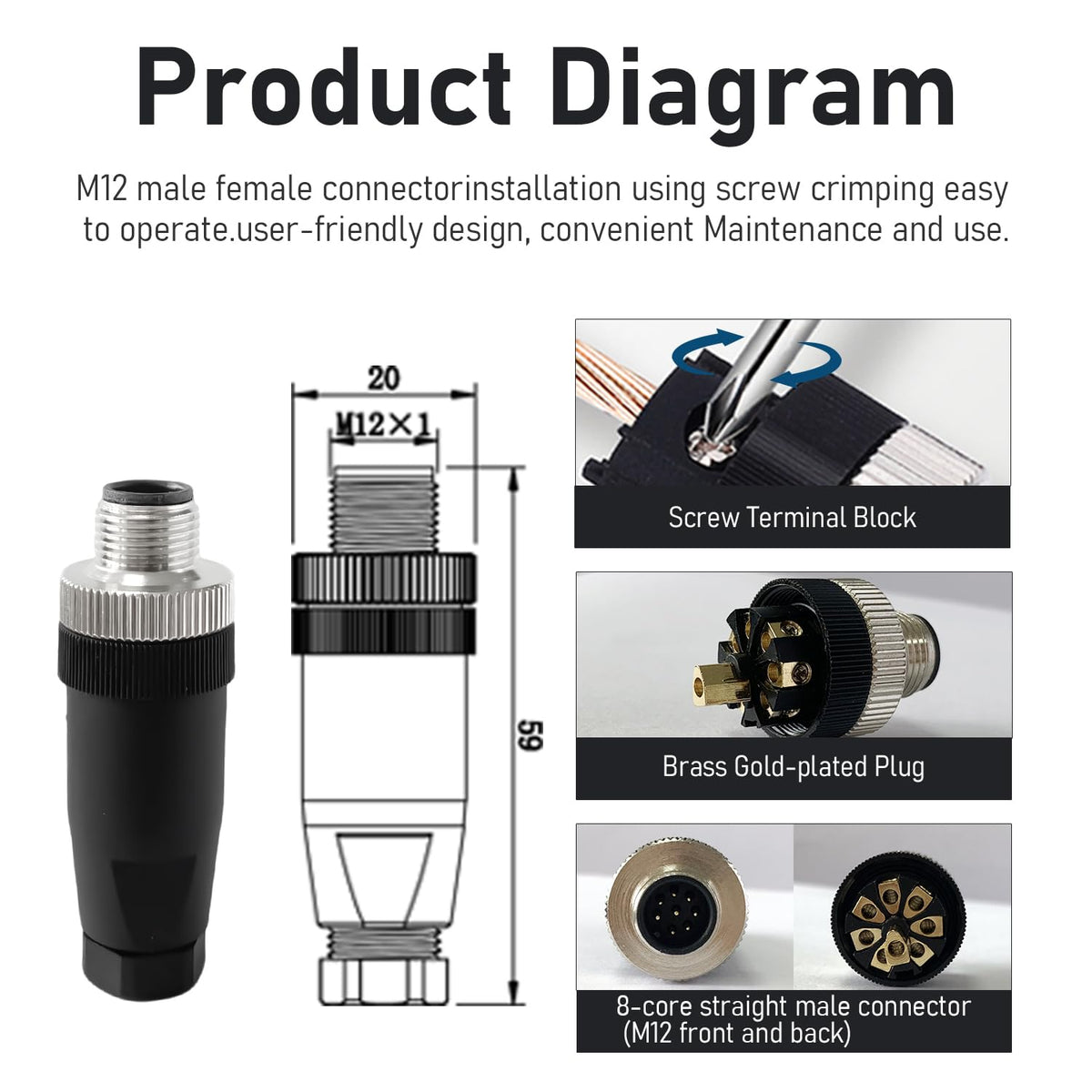 10Pcs M12 8Pin Male Industrial Aviation Connector (A-Code) Waterproof, Sensor Plug Field-Assemblable 12mm Circular Socket Panels Adapter IP67