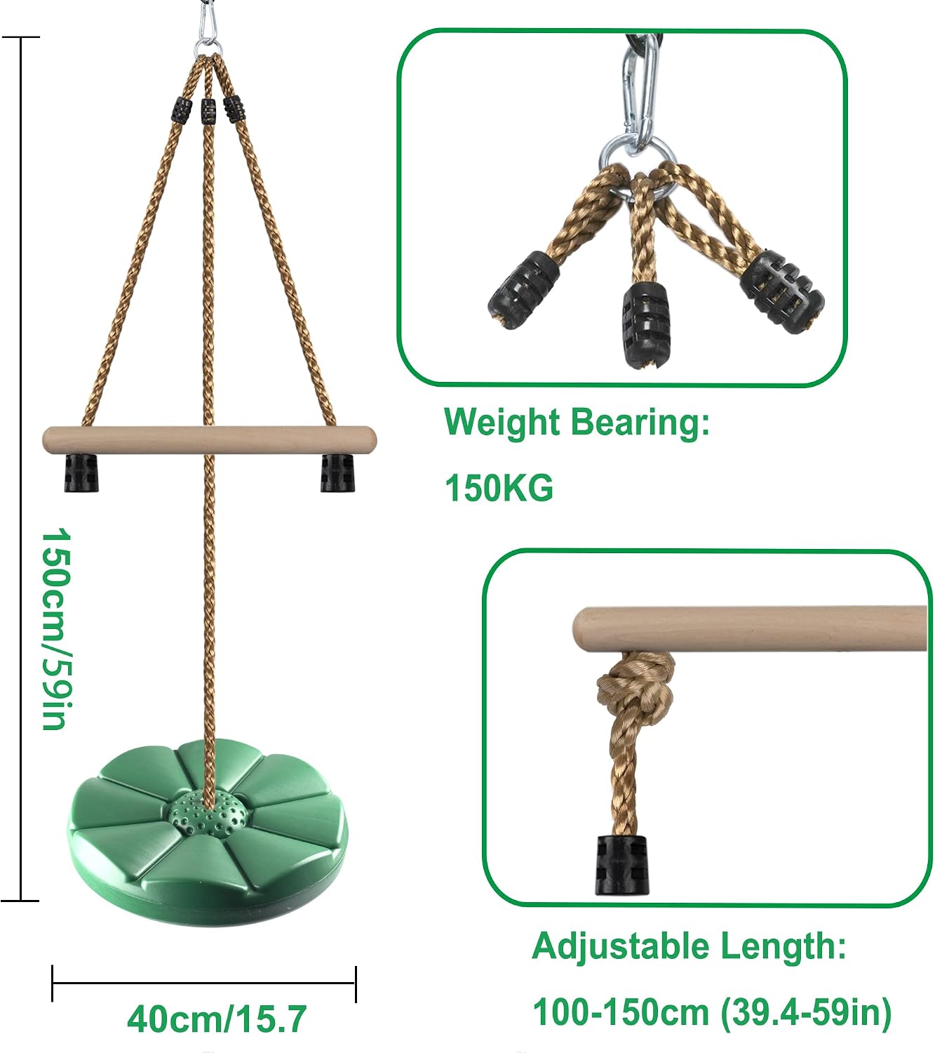 Disc Swing for Kids, Swing Set Accessories, 7FT Height Adjustable Gym Monkey Bars, Hanging Tree Seat for Backyard