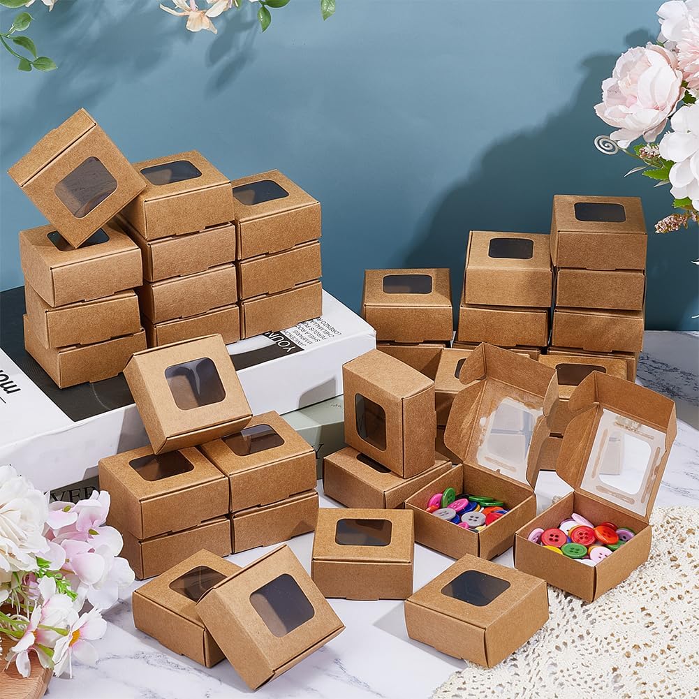 60 Pack Square Clear Window Box, Brown Kraft Paper Container Party Favor Packaging Boxes, 2x2x1inch Foldable Design
