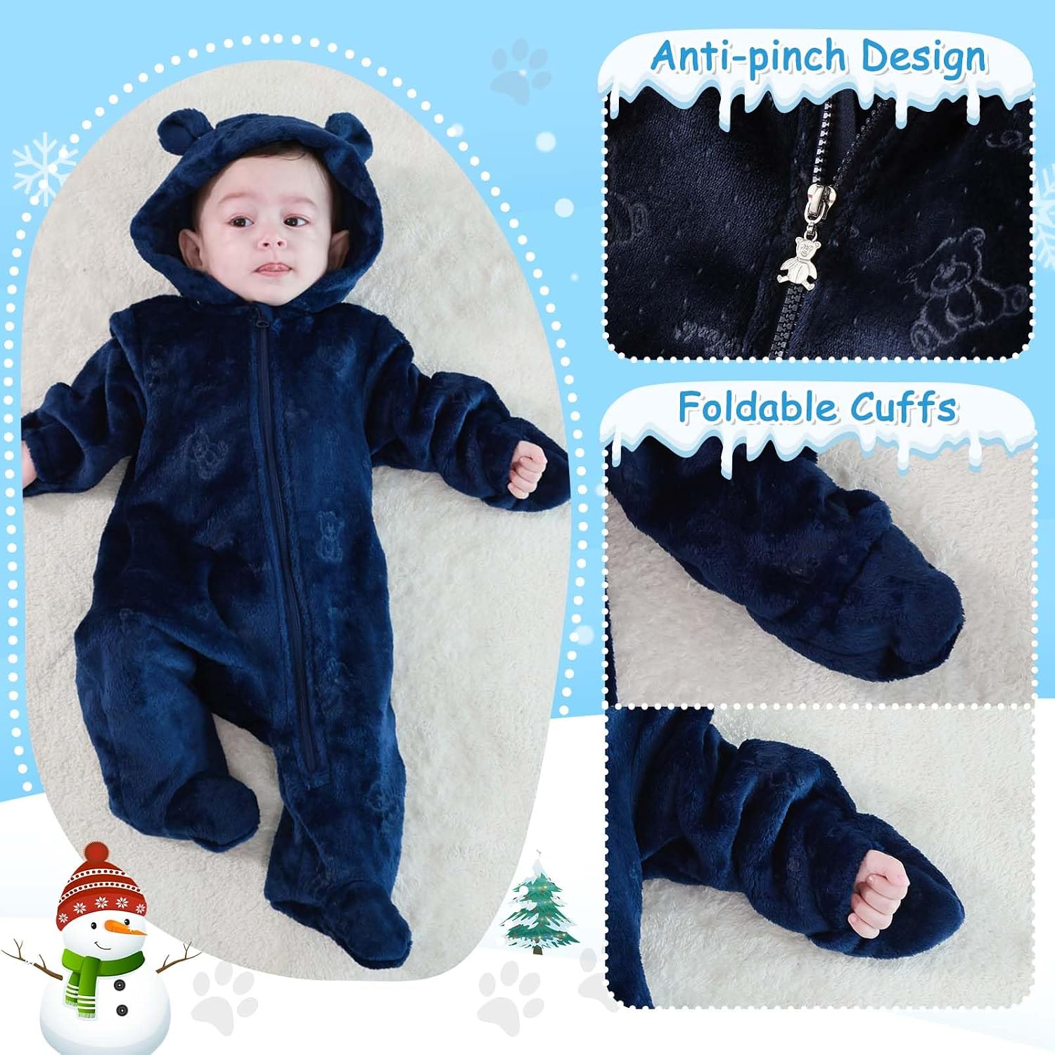 Newborn Baby Bear Suit Thin Fleece Footie Romper Snowsuit Hooded Jumpsuit Bodysuit Winter Clothes Boy Girl 0-12M