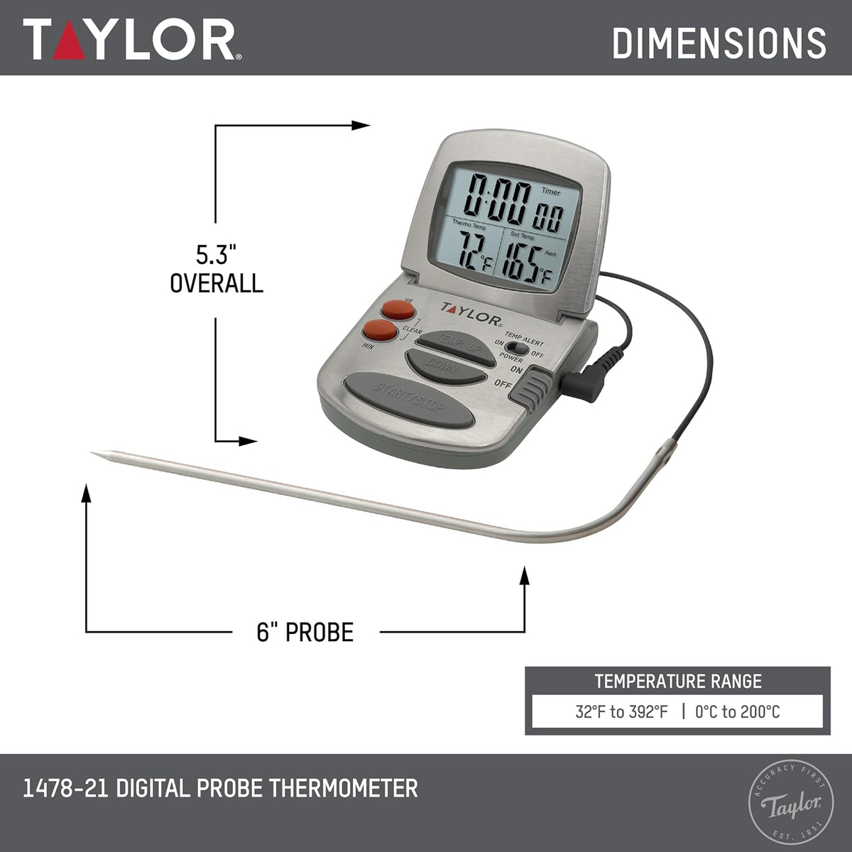 Precision Products Programmable with Timer Instant Read Wired Probe Digital, Meat, Food, Grill BBQ Cooking Kitchen