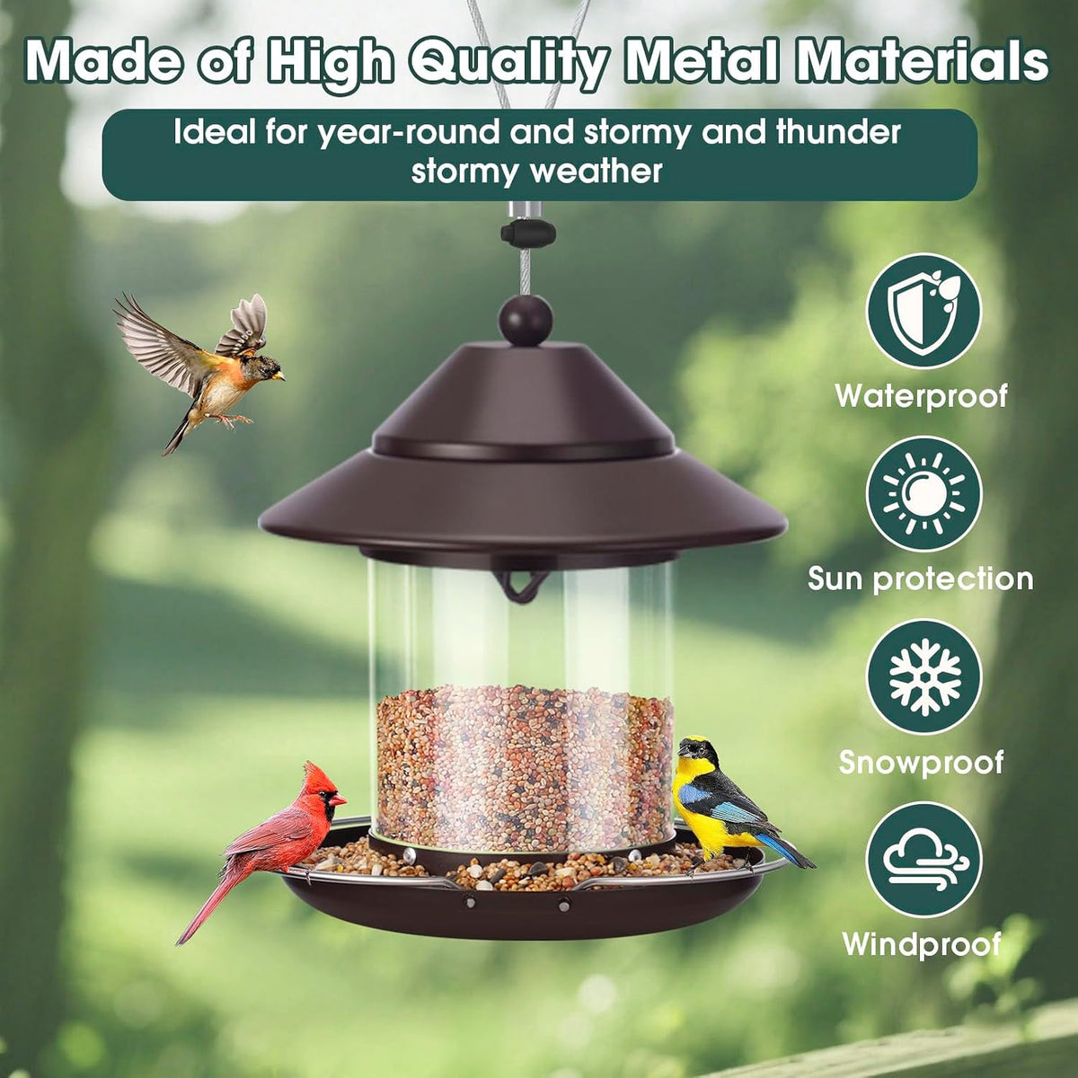 Bird Feeders for Outdoors, Hanging Small Metal Roof Bird Feeder with Clear Tube Seed Capacity for Viewing Cardinal
