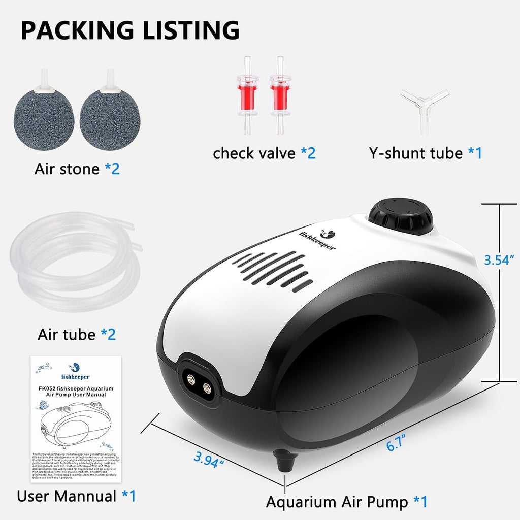 Aquarium Air Pump, 5W Dual Outlet Fish Tank Air Pump | Adjustable Airflow Oxygen Pump, Quiet Bubbler Aerator Pump