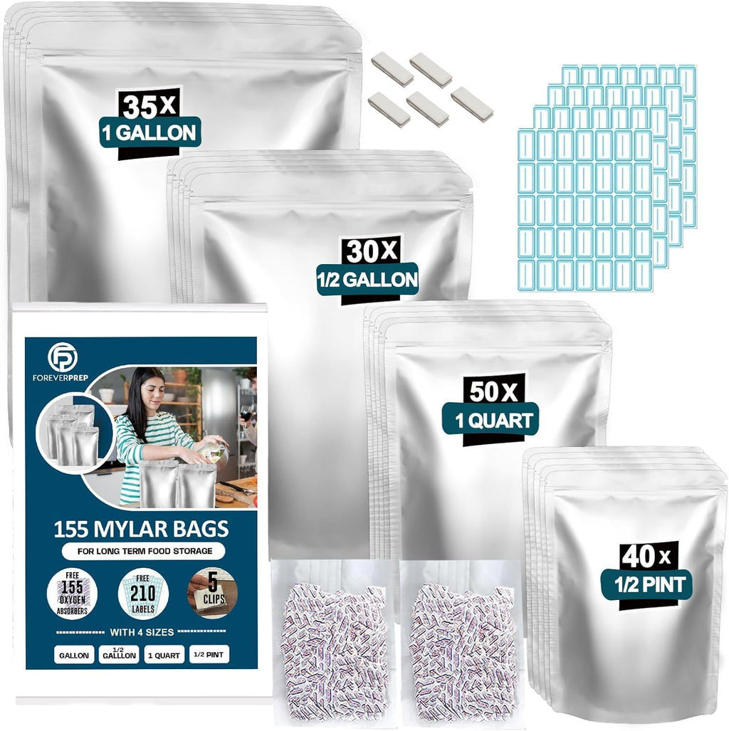 155 Mylar Bags with 155 Oxygen Absorbers-210 Labels & Airtight Resealable | 4 Sizes Stand-Up Heat Sealable with 5