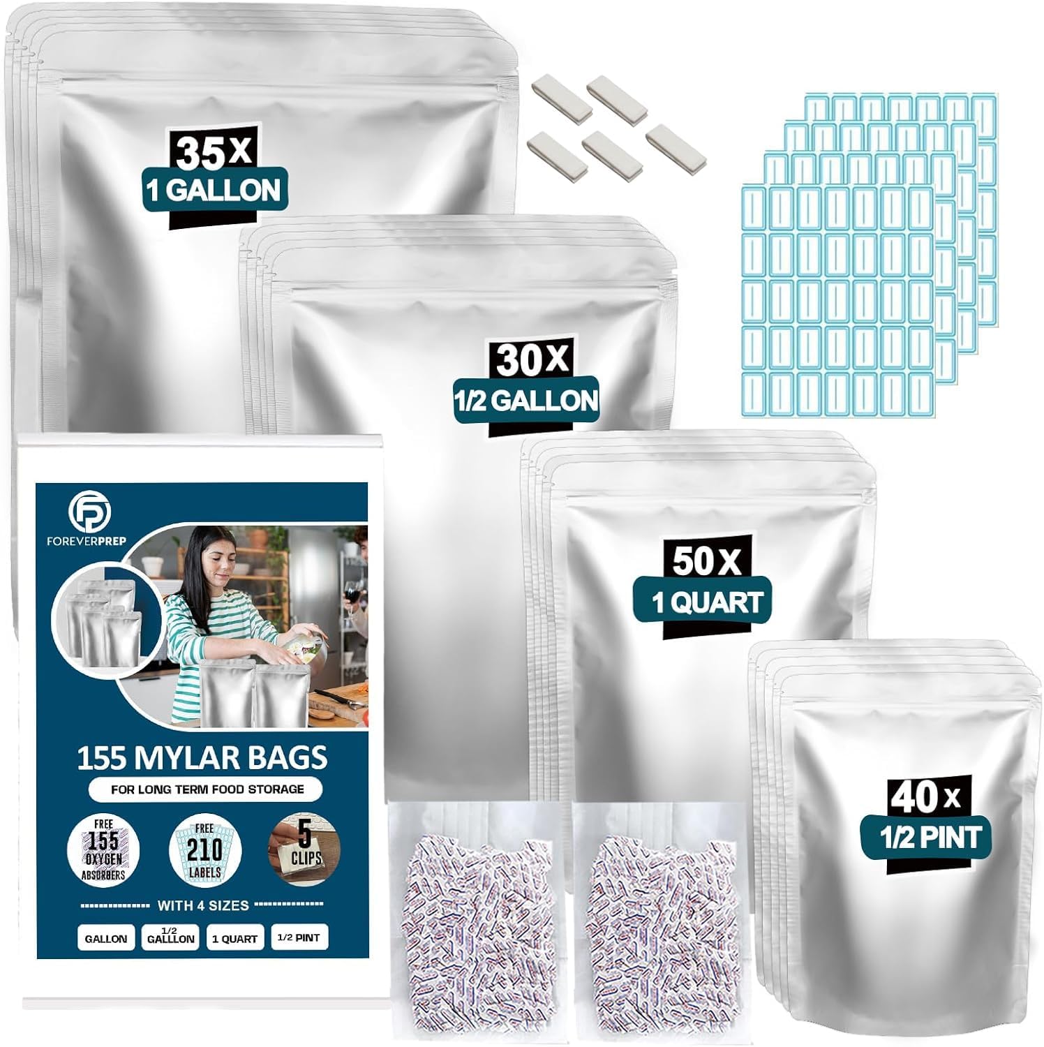 155 Mylar Bags with 155 Oxygen Absorbers-210 Labels & Airtight Resealable | 4 Sizes Stand-Up Heat Sealable with 5