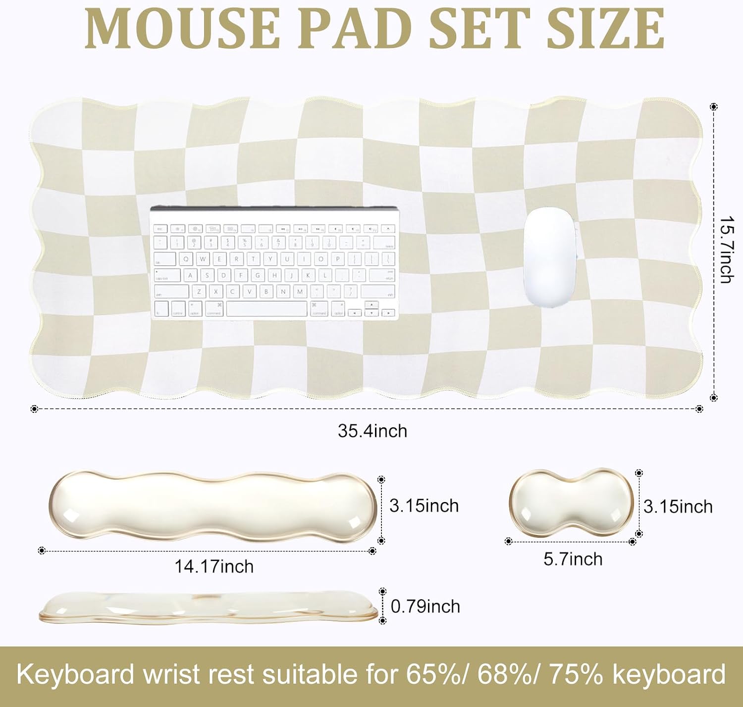 Beige Checkered Mouse Pad Set,Scalloped XXL Desk Mat Set | Desk Mat+Ergonomic Mouse Wrist Rest+Gel Keyboard Wrist