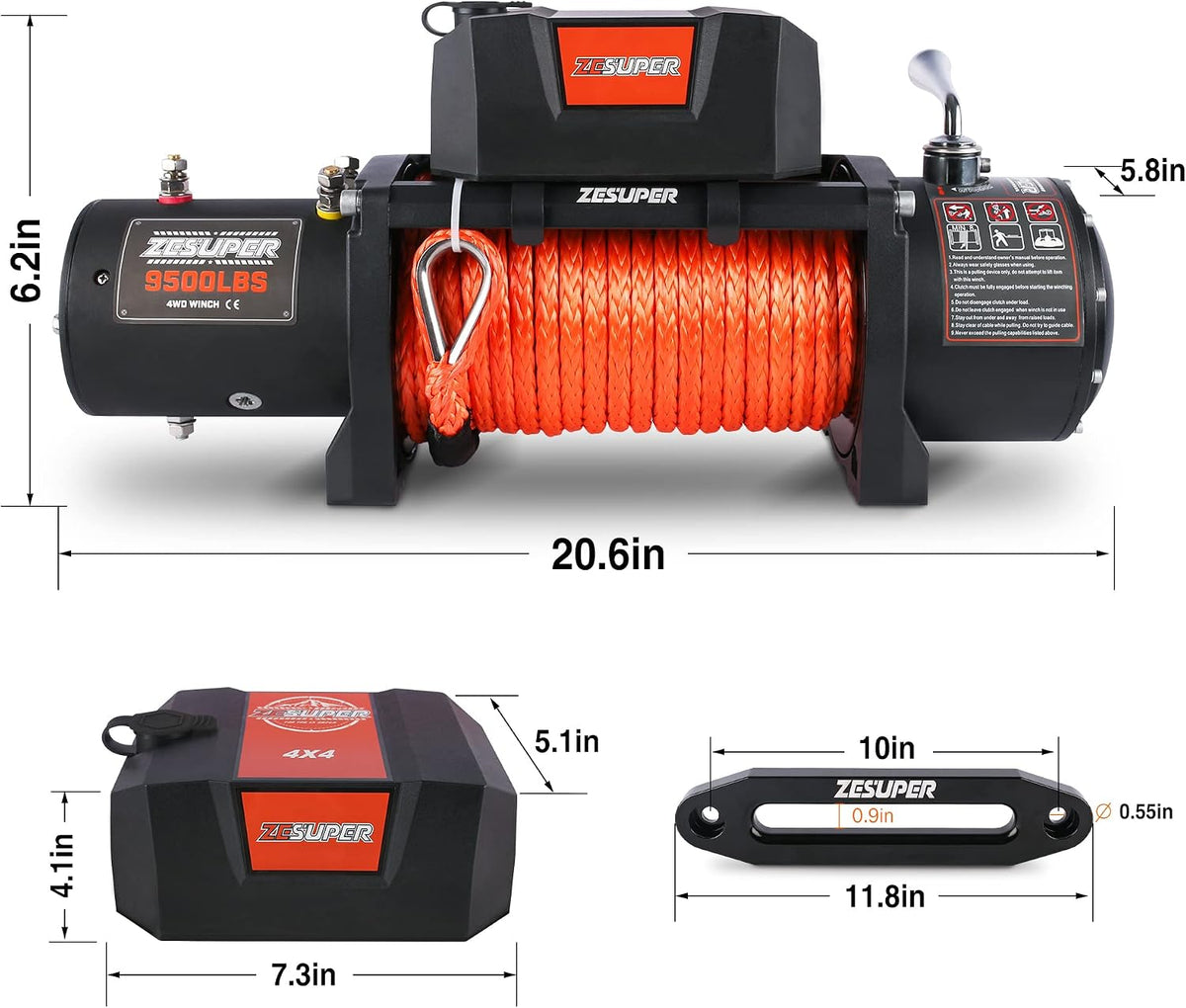 9500 lb Electric Winch 12V Waterproof IP68 Heavy Duty Trailer Winch