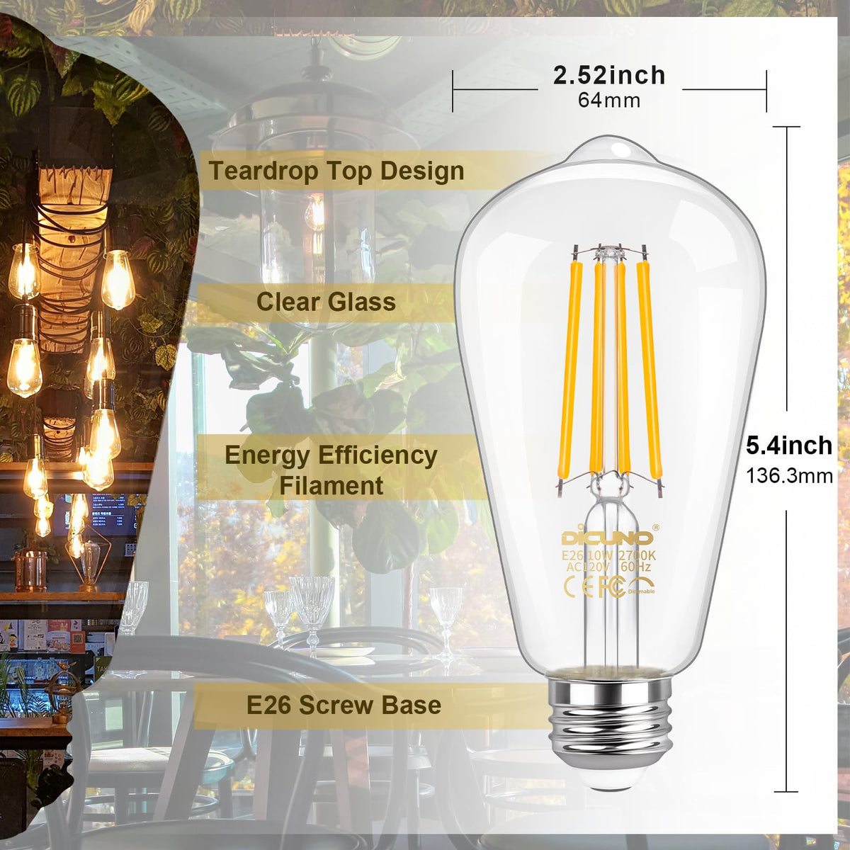 Dimmable Edison Bulbs 100W Equivalent, Warm White 2700K, 2-Pack