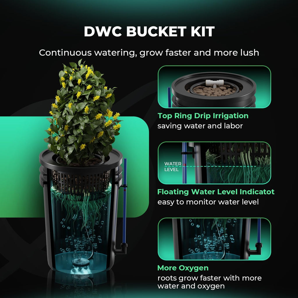 DWC Hydroponics Grow System 5 Gallon Deep Water Culture with 8W Air Pump, Multi-Purpose Air Hose, Air Stone, 2