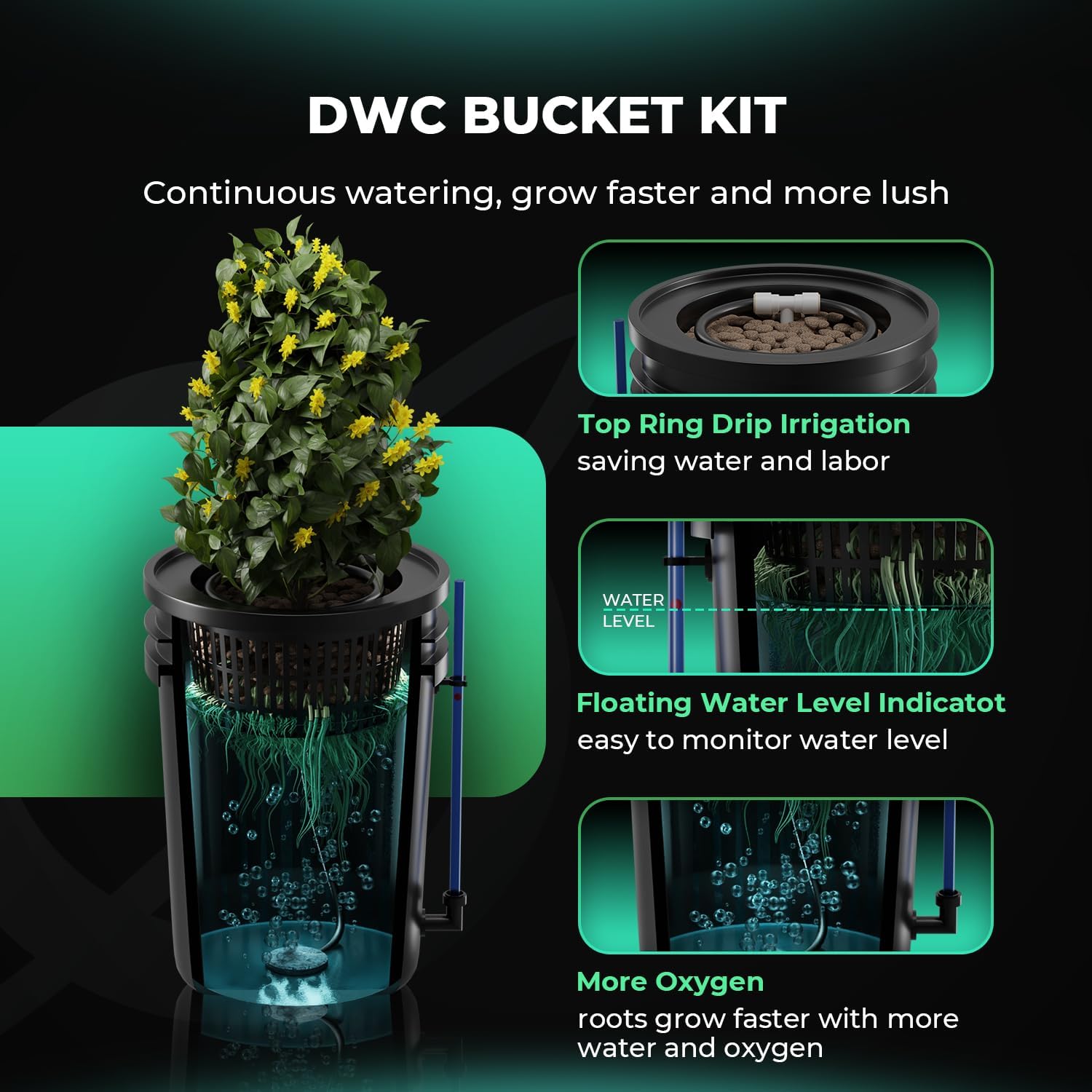 DWC Hydroponics Grow System 5 Gallon Deep Water Culture with 8W Air Pump, Multi-Purpose Air Hose, Air Stone, 2