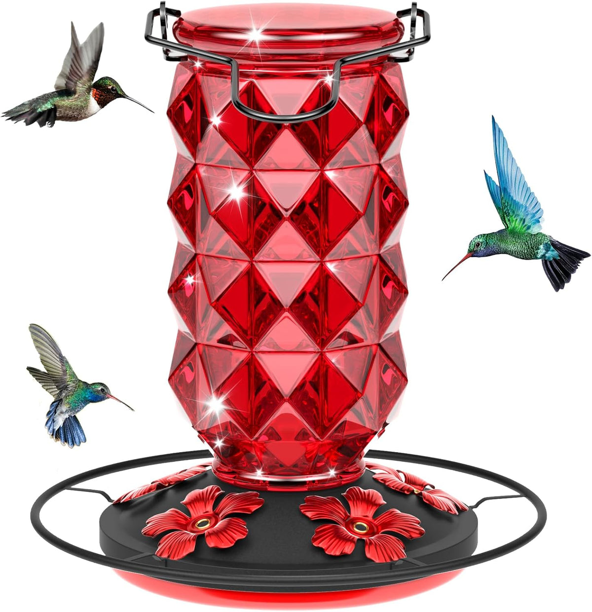 Glass Hummingbird Feeders for Outdoors Hanging, 25Oz Bird Nectar Feeder with Perch & 5 Flower Feeding Ports Leak
