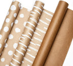 Kraft Wrapping Paper Rolls, Plain & Printed Wrap 17in x9.8ft for Gifts
