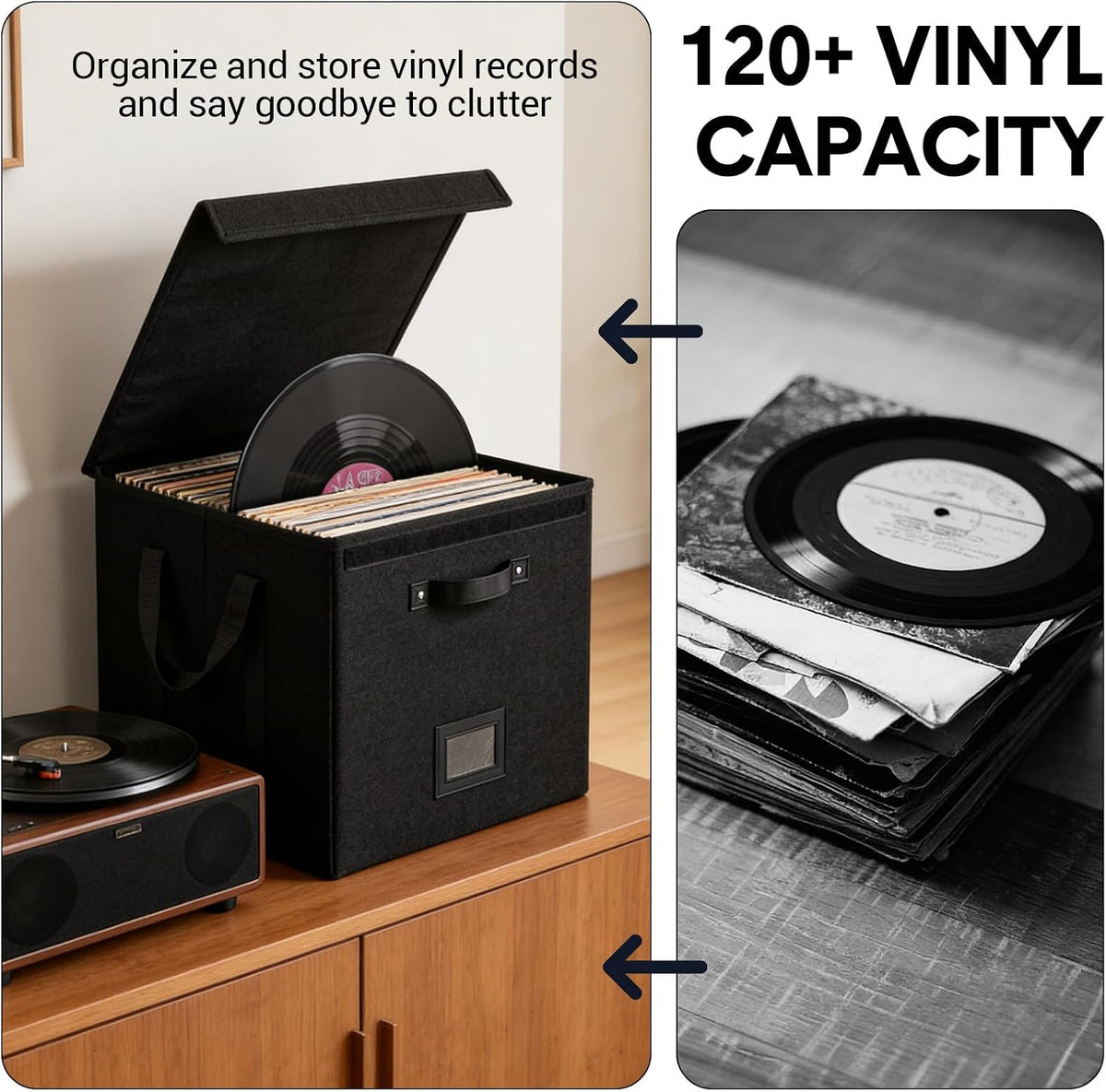 Set of 3 Stackable Vinyl Record Storage Boxes - Non-Woven LP Record Holder Crates with Lids, Handles & Label Slots