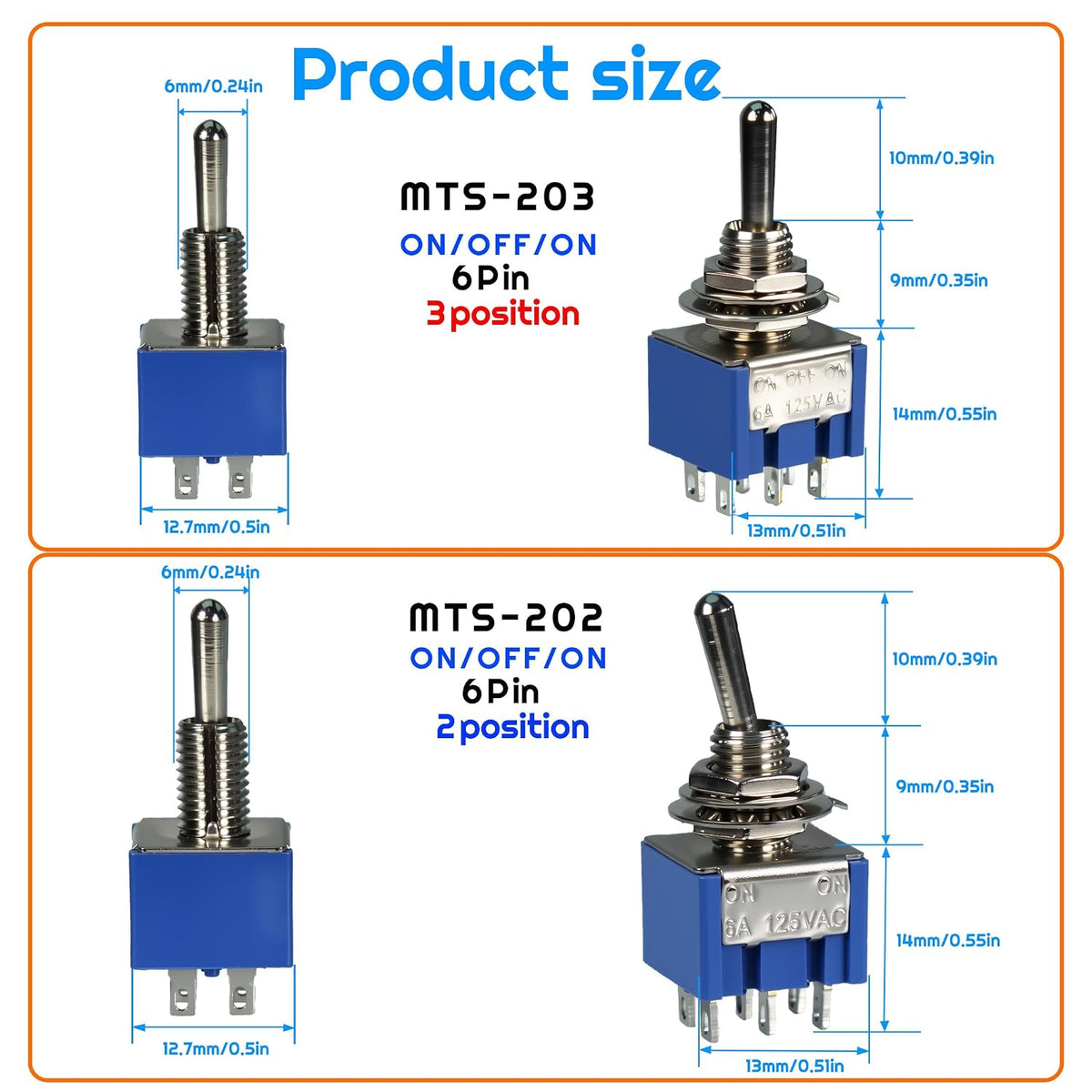 18PCS 5Values Mini Toggle Switch SPST Assortment Kit 6A 125V ON/Off/ON 2/3/6 Pin 2/3 Position Micro Rocker Switches (5Values 18pcs)