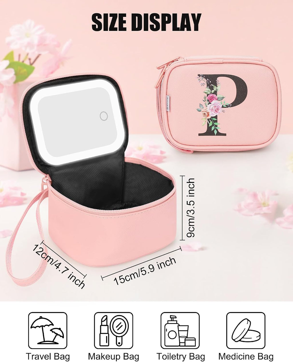 Mini Makeup Bag with Led Mirror, Initial Make Up Bag for Girls, P