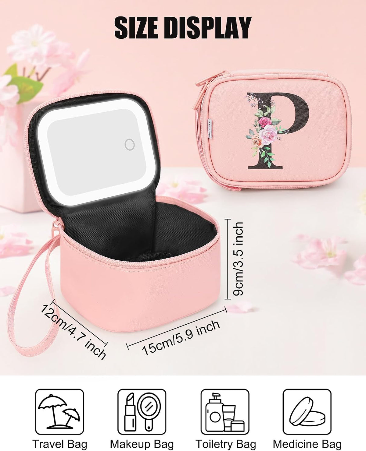 Mini Makeup Bag with Led Mirror, Initial Make Up Bag for Girls, P