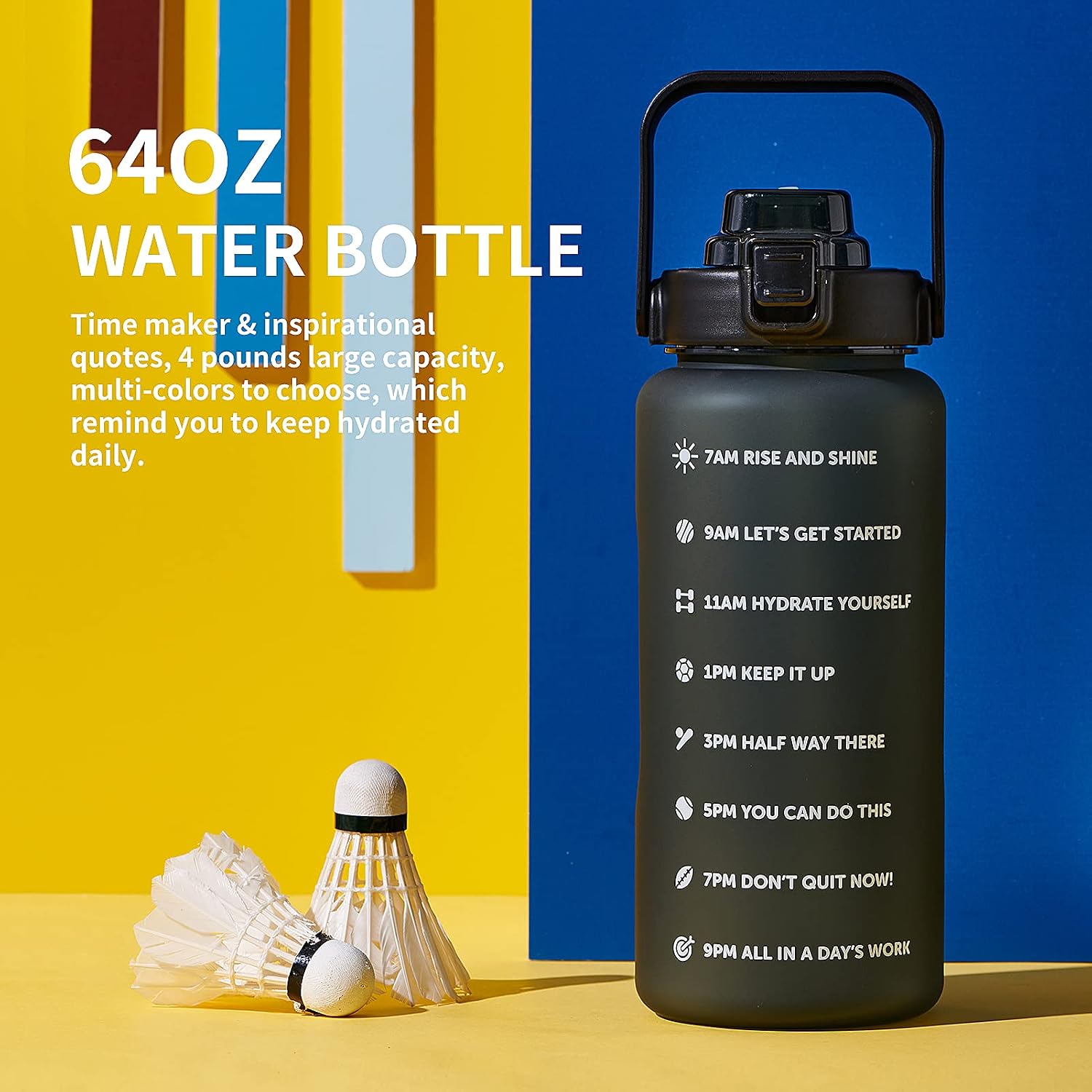 64oz,100oz,128oz Large Motivational Water Bottle with Time Marker, Leakproof & BPA Free Half Gallon Big Water Bottle
