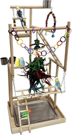 4-Tier Large Wooden Bird Playground with Trays Cups Ladder - Parrot Playstand, Birds Play Stand, Wood Perch Gym for