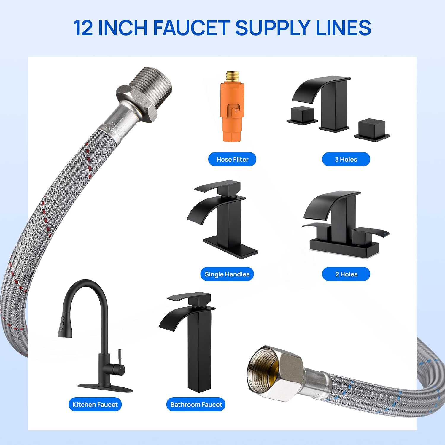 Faucet Supply Lines Length 12" 3/8 OD Comp (Male) x 3/8 Comp (Female) | Thread Connector Braided Nylon Extension