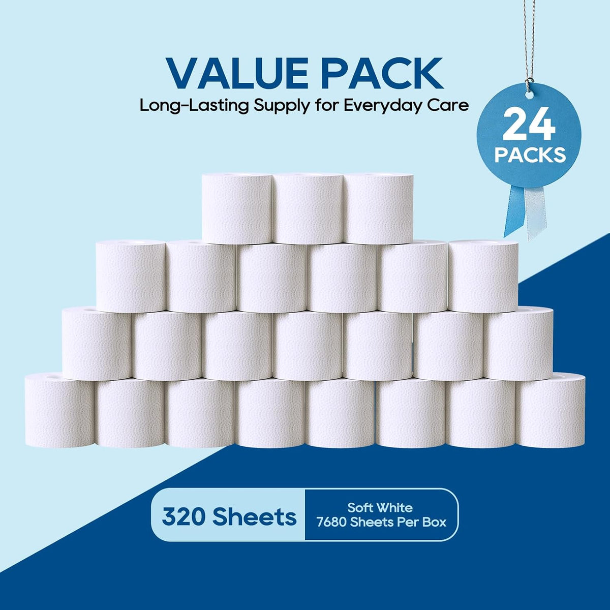 Bamboo Toilet Paper 3-Ply, Septic Safe Bath Tissue, 24 Rolls, White