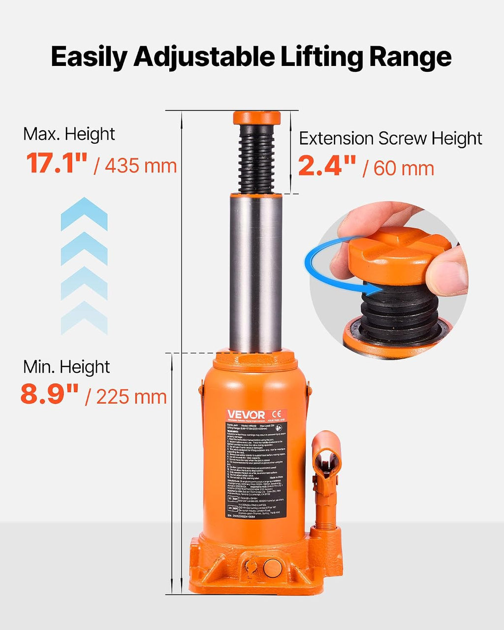 Hydraulic Bottle Jack, 20 Ton/44092 LBS All Welded Bottle Jack, 7.5-14 inch Lifting Range, with 3-Section Long Handle