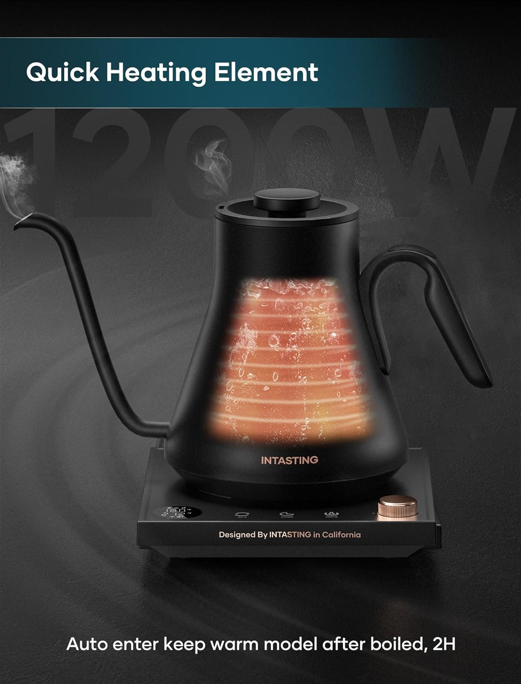 Gooseneck Electric Kettle with 1℉ Temperature Control, 0.9 Liter | Fast Heating, Stainless Steel Interior, for Pour