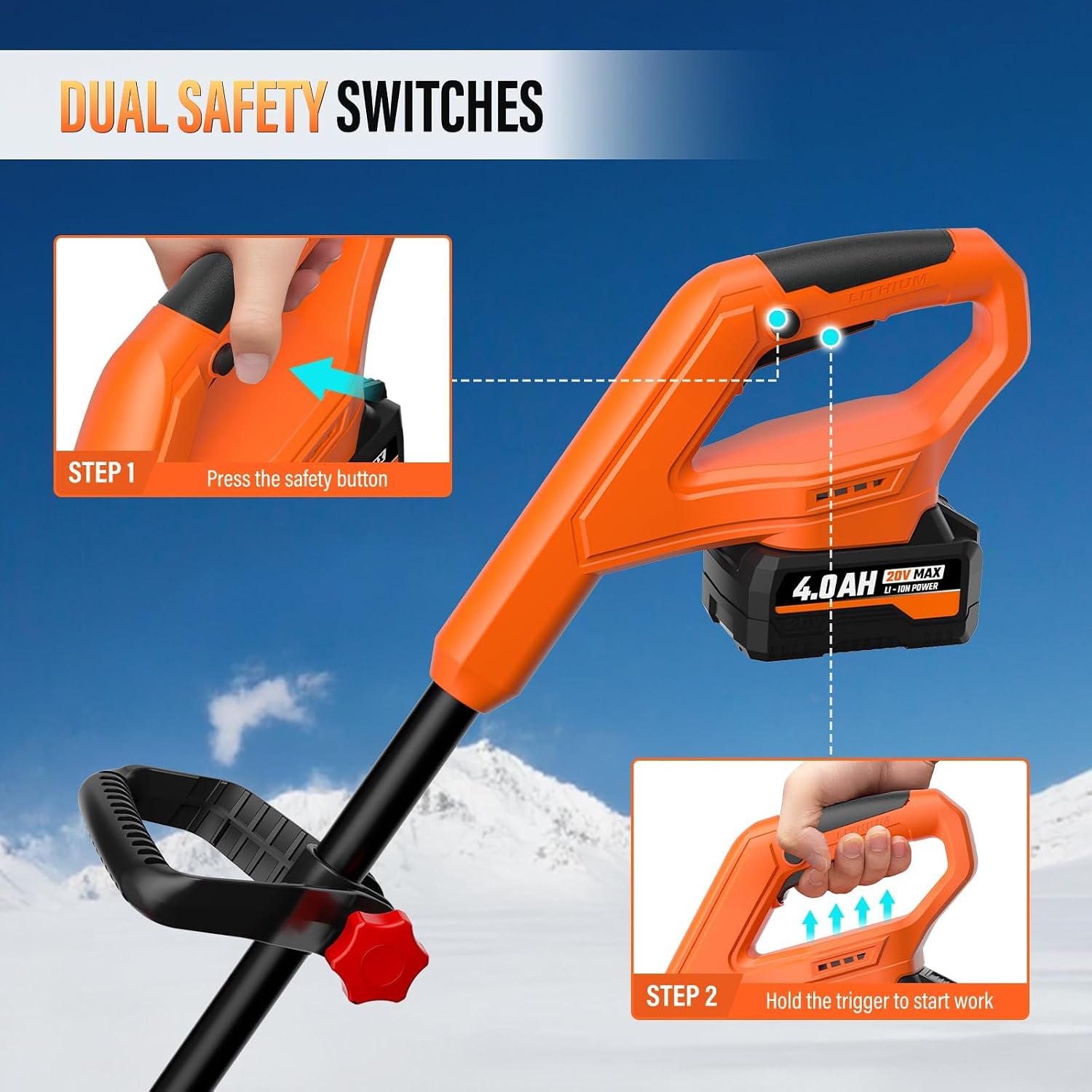 Snow Shovel Cordless, 20V | 10 Inch Electric Snow Blower with 2 X 4.0Ah Replaceable Batteries & Charger Up to 50