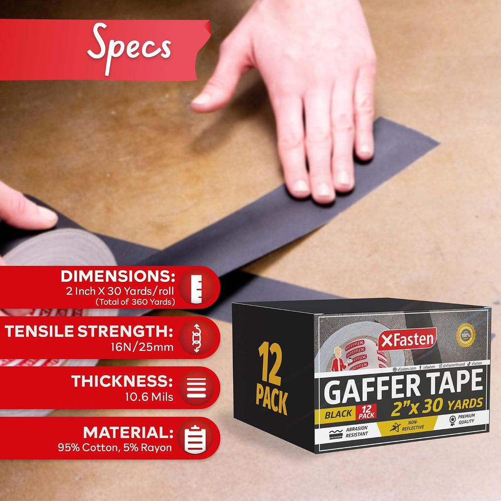 Black Gaffers Tape 2 Inch x 30 Yards (12-Pack, 1080ft), Residue-Free Matte Black Gaffer Tape 2 Inch Non-Reflective