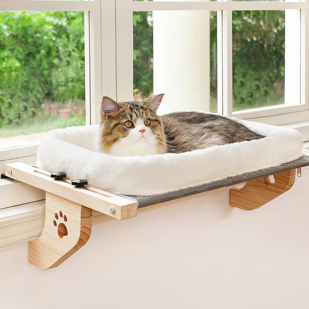 Cat Sill Window Perch Sturdy Hammock Window Seat with Cushion Bed Cover, Wood & Metal Frame for Large Cats, Easy to